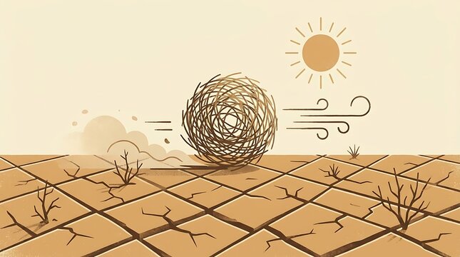 Tumbleweed rolling on cracked desert ground