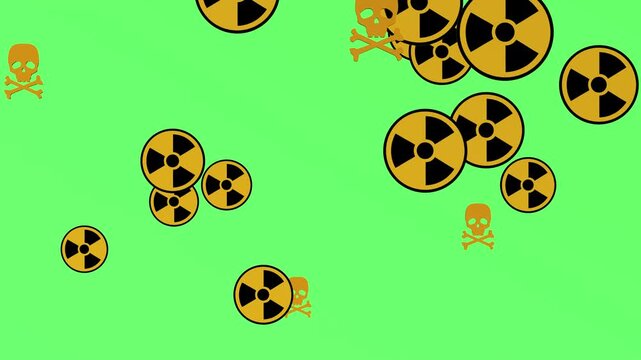 Radioactive and hazard warning symbols floating on green screen background