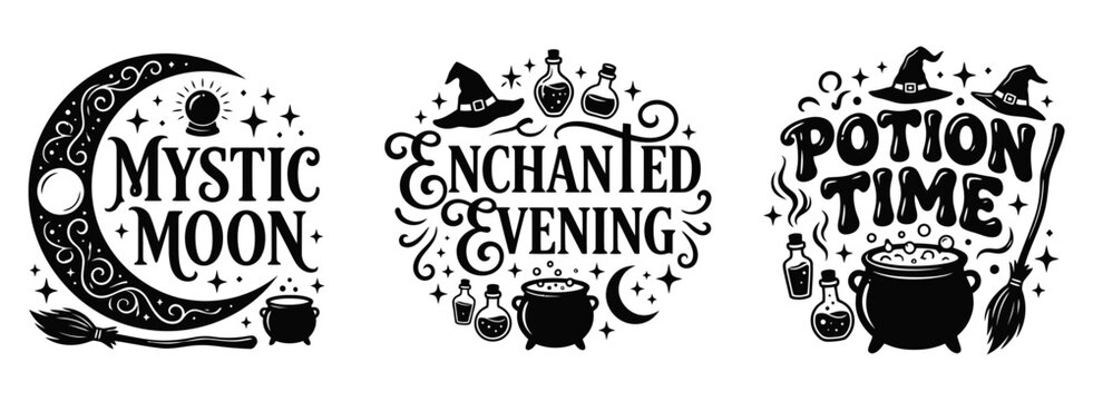 Set of three decorative halloween themed typography designs featuring witch hats cauldrons moons and magic potion bottles