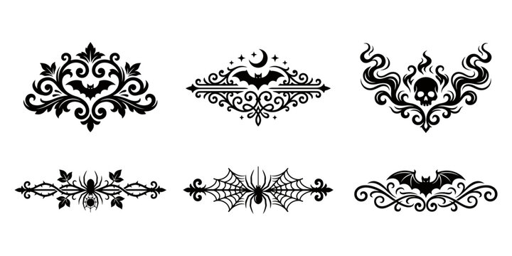 Set of decorative black halloween ornaments featuring bats skulls spiders and intricate gothic filigree scroll work designs