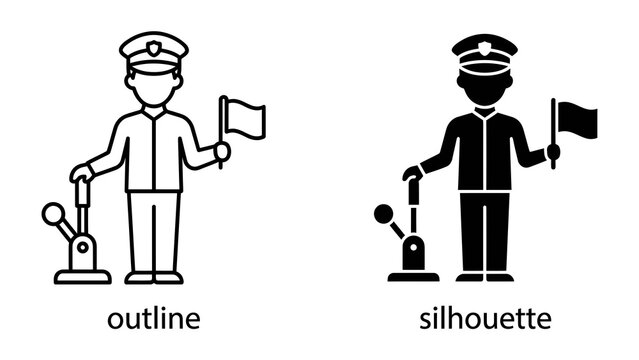 Railway Signalman with Flag: A clear depiction of a railway signalman, presented in both outline and silhouette formats, stands ready with a flag and signaling equipment.