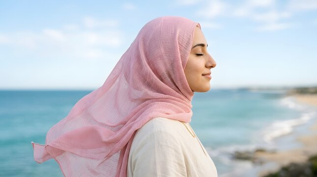 Young woman in pink hijab standing by the ocean