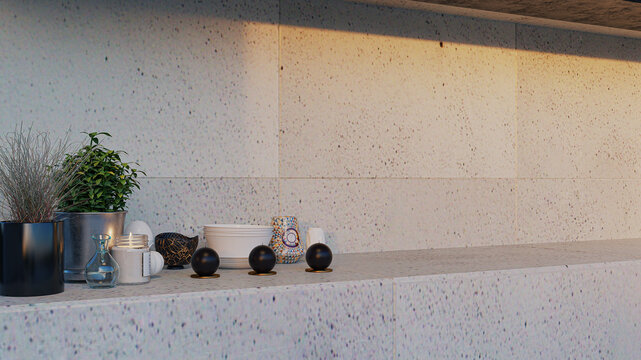 A realistic 3D rendering illustration showcasing a close-up detail of a modern terrazzo concrete counter and wall ledge adorned with potted green plants, ambient candles, decorative ceramics, and subt