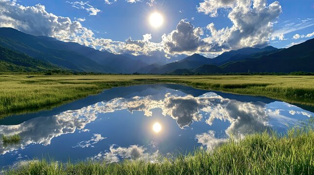 Serene Mountain Lake Reflecting Sunlit Clouds and Majestic Peaks.