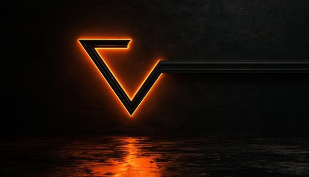 Glowing Orange Neon V Shape Symbol on Dark Reflective Surface.