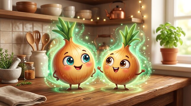 Two cute happy onion characters standing on a wooden kitchen counter with magical green glow