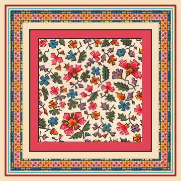 Ethnic floral patchwork textile print pattern with multi-layered decorative geometric borders.