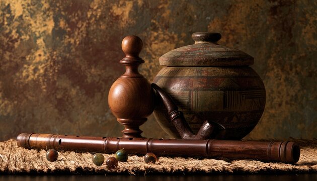 Vintage Still Life Arrangement of Wooden Objects and Marbles.