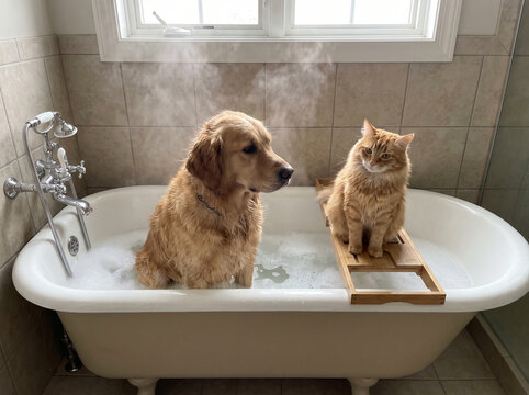 Adorable Golden Retriever and Orange Tabby Cat Sharing a Bubble Bath in a Vintage Tub Reflecting on Companionship and Canine-Feline Friendship Amidst Steamy Relaxation