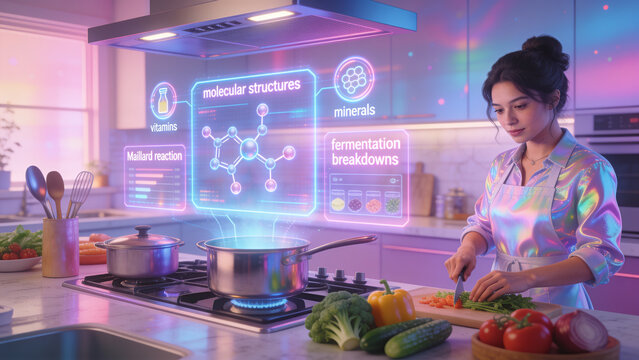 Woman cooking in futuristic kitchen with holographic science overlays: molecular structures, minerals, fermentation breakdowns, and Maillard reaction for interdisciplinary education and STEM outreach.