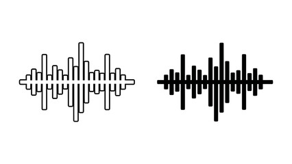 Naklejka premium Sound Wave Icon Set: A minimalist representation of sound waves, presented in both outline and solid black, illustrating the visual form of audio.