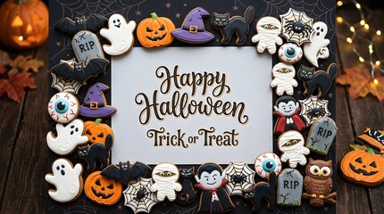 Fototapeta premium Halloween cookie frame with happy halloween and trick or treat text