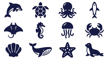 Fototapeta premium Icon Set of Various Marine Life Species Including Dolphin Turtle Octopus Shark Ray Seahorse Jellyfish Crab Seashell Whale Starfish and Seal A1
