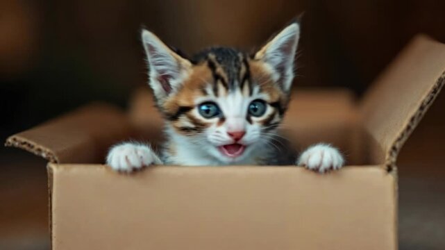 Adorable tabby kitten peeking curiously from a cardboard box, looking playful.