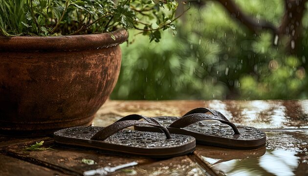 Flip Flops Resting on a Wet Wooden Surface Next to a Plant Pot.