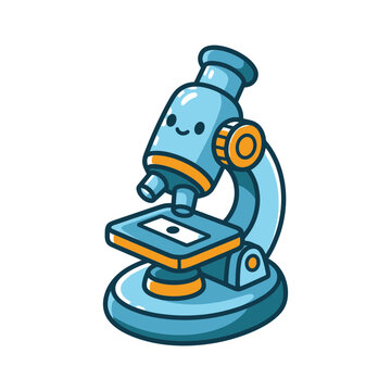 A cute cartoon illustration of a happy blue microscope character designed for scientific education and learning A1 353 science theme icon