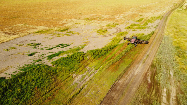 A high-angle drone photograph capturing a self-propelled windrower swather from directly above as it cuts through dense green vegetation in a field.