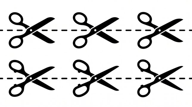 Scissor Cutting Icon Collection: Dashed Line Guidelines with Open Blades Illustrated in Minimalist Black Style for Craft, Coupon, and Printable Design Projects

