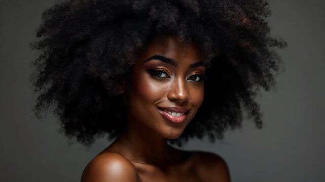 Beautiful African American woman with natural afro hair and glowing skin.