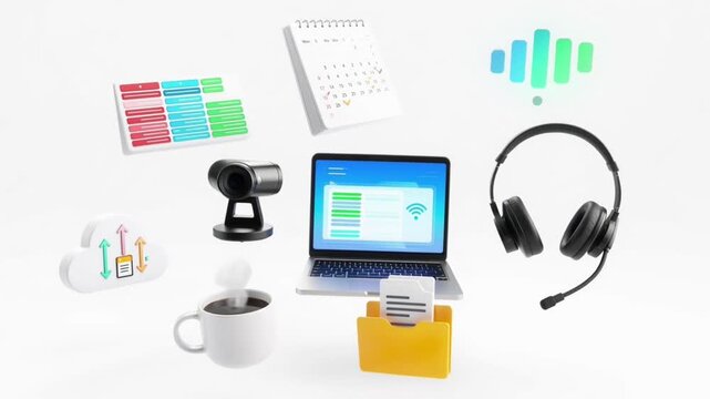 Digital office accessories floating around laptop animation in this high quality 3d motion render video
