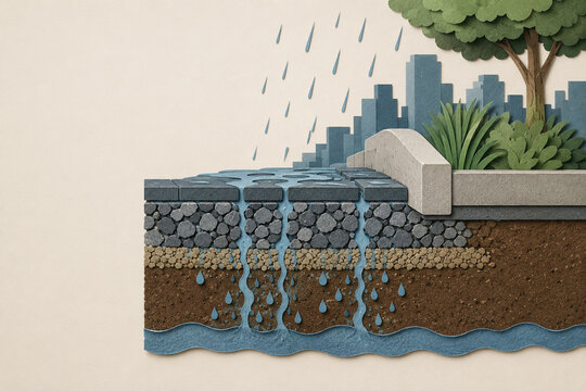 Rainwater soaking through permeable pavement illustration