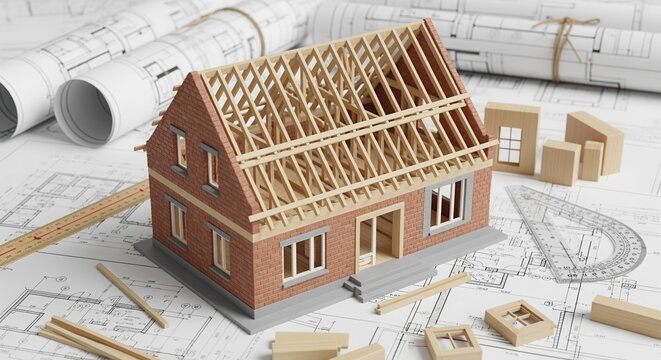 A brick house model with exposed wooden roof frame on architectural blueprints, surrounded by rolled plans, pencils, and building blocks. Represents home construction and design planning.