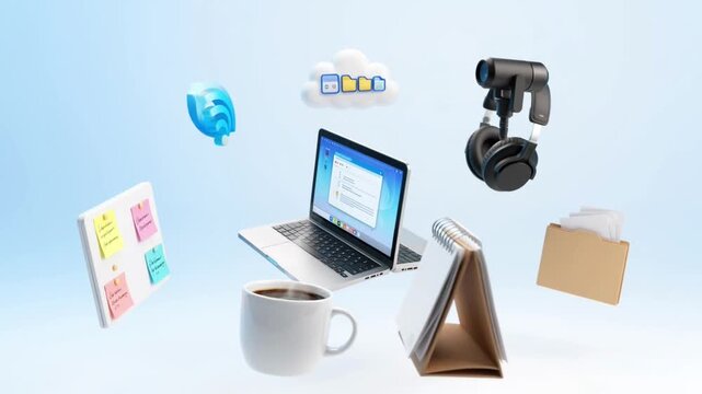 Modern remote work setup featuring floating electronic office tools in this smooth professional motion video clip