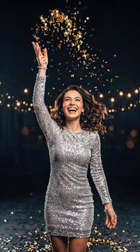 Happy woman in silver dress throwing gold confetti celebrating party