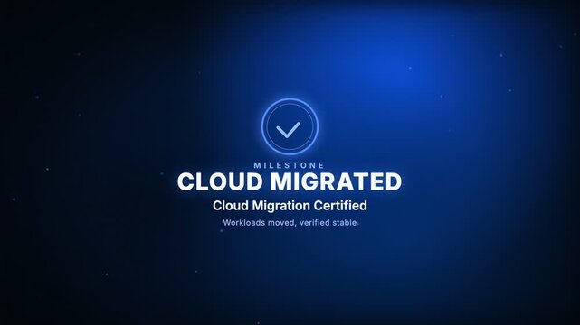 Animated cloud migration certificate badge confirming successful digital transformation for enterprise it