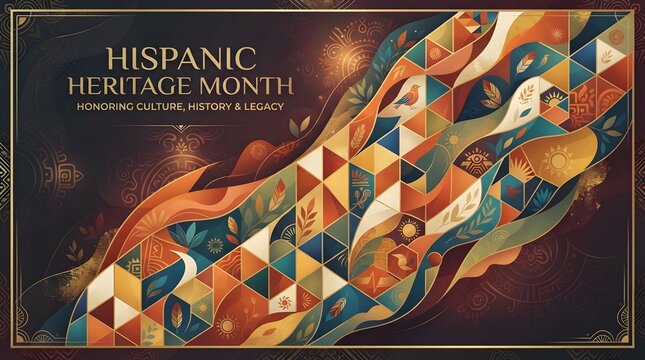 Hispanic Heritage Month celebration banner with colorful geometric patterns and decorative floral elements.