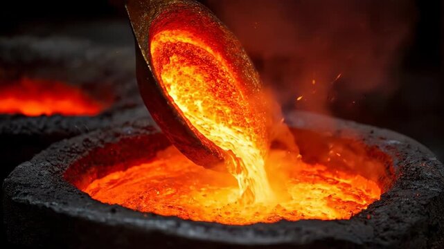 Molten metal being poured from a ladle into a crucible in a foundry
