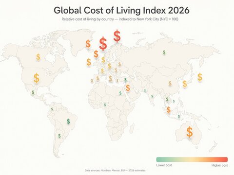 Global Cost of Living Index 2026 world map infographic dollar signs