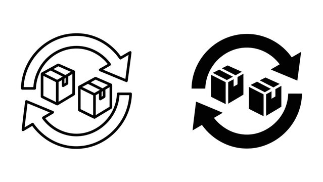 Package Exchange Icons: A set of two icons illustrating the concept of package exchange or return, featuring simple line art and a solid black silhouette of two boxes within a circular arrow motif.