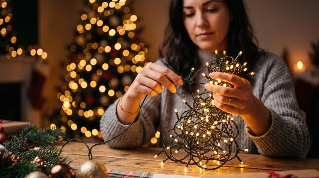 Young woman decorating with warm Christmas fairy lights at home