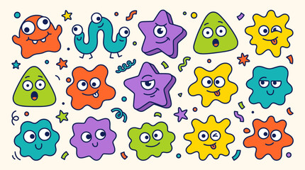 Fototapeta premium Cute colorful cartoon monster shapes with funny faces and doodle confetti