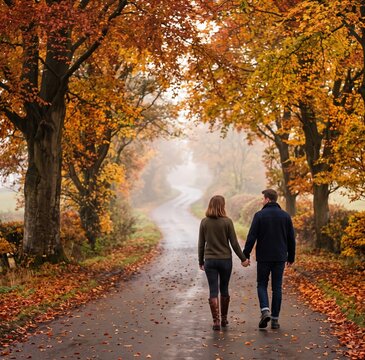 Romantic Couple Strolling Down a Winding Autumn Road in the Mist