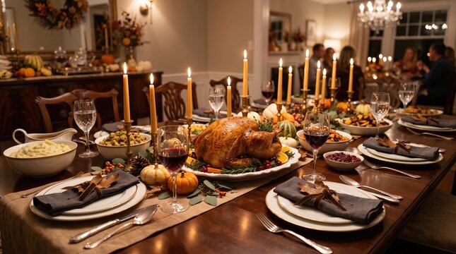 Elegant Thanksgiving dinner feast featuring a succulent roasted turkey centerpiece
