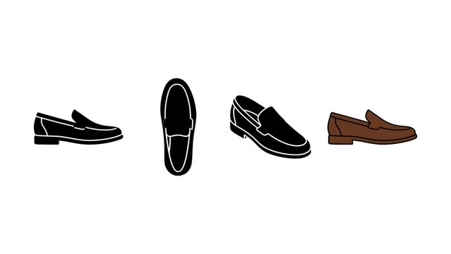 Set of classic leather loafer shoes icons in different viewing angles