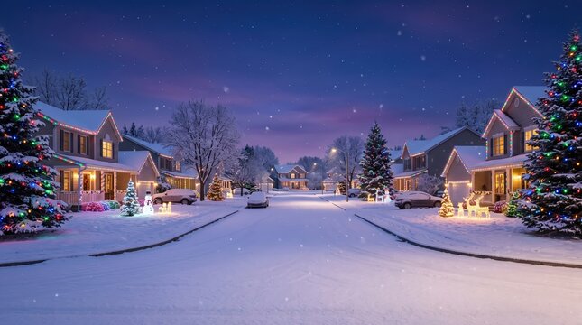 Snowy suburban street adorned with Christmas lights at twilight