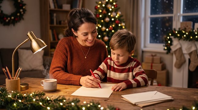 Mother and son writing a letter to Santa together at home for Christmas
