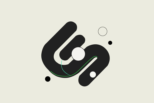 Black Curved Shapes with Circles and Green Line Accent on Off-White Background