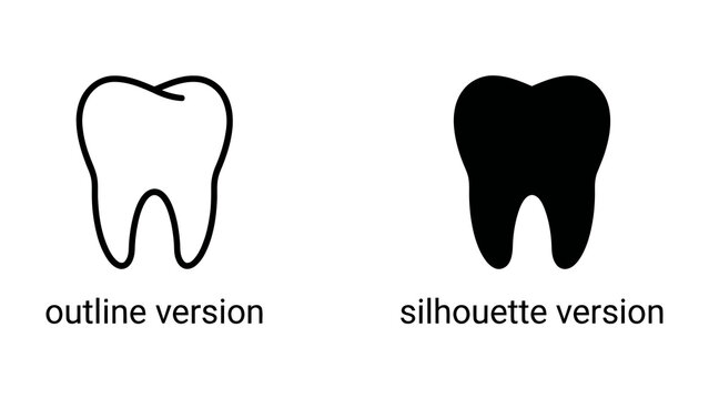 Tooth Icon Pair: A graphic resource featuring a tooth icon in both outline and silhouette versions, perfect for dental care branding and medical presentations.
