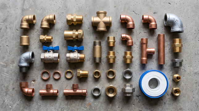 Professional assortment of plumbing pipes, copper fittings, brass valves, and sealant tape laid out on a clean concrete floor, high resolution industrial top down view for renovation projects