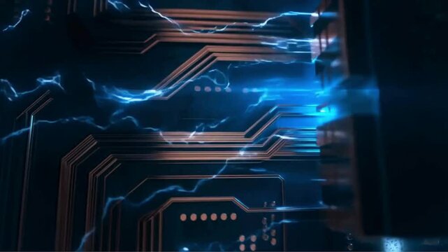 An abstract depiction of electric current flowing through a computer circuit board. A deep, dark blue background bordering on black accentuates the surrounding gleam of light.