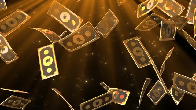 Falling golden cartoon yuan and yen banknotes with glowing particle effects