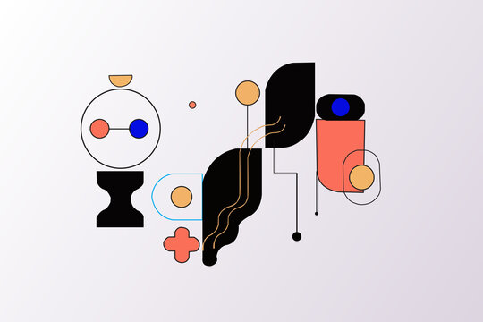 Minimalist Colorful Shapes and Wavy Lines on Soft Gradient Background