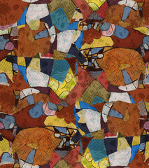 Fototapeta premium Abstract artistic collage seamless pattern with textured geometric shapes for retro textile print.