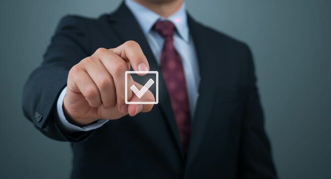 A businessman marking a check box to approve documents and project proposals � Business Professional and Corporate Lifestyle Concept for Leadership
