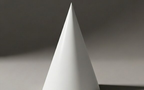 White cone geometric shape 3D render, minimalist abstract design representing minimalism, structure, and modern architecture concept against a neutral grey background