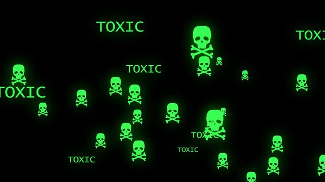 Toxic glowing green skulls and crossbones floating on black background